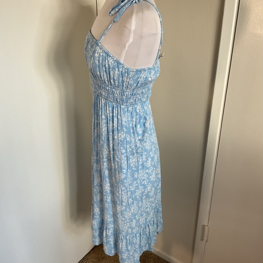 Light Blue Floral Midi Dress Small A-Line Summer Cottagecore Tie Strap Plaid - Picture 4 of 5